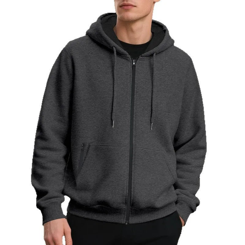 Men's fleece-lined loose drawstring hooded zip-up sweater in six colour options and sizes S to XXXL