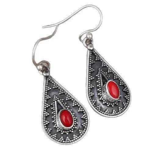 Silver water drop earrings with red pine gemstone accents and retro European American styling