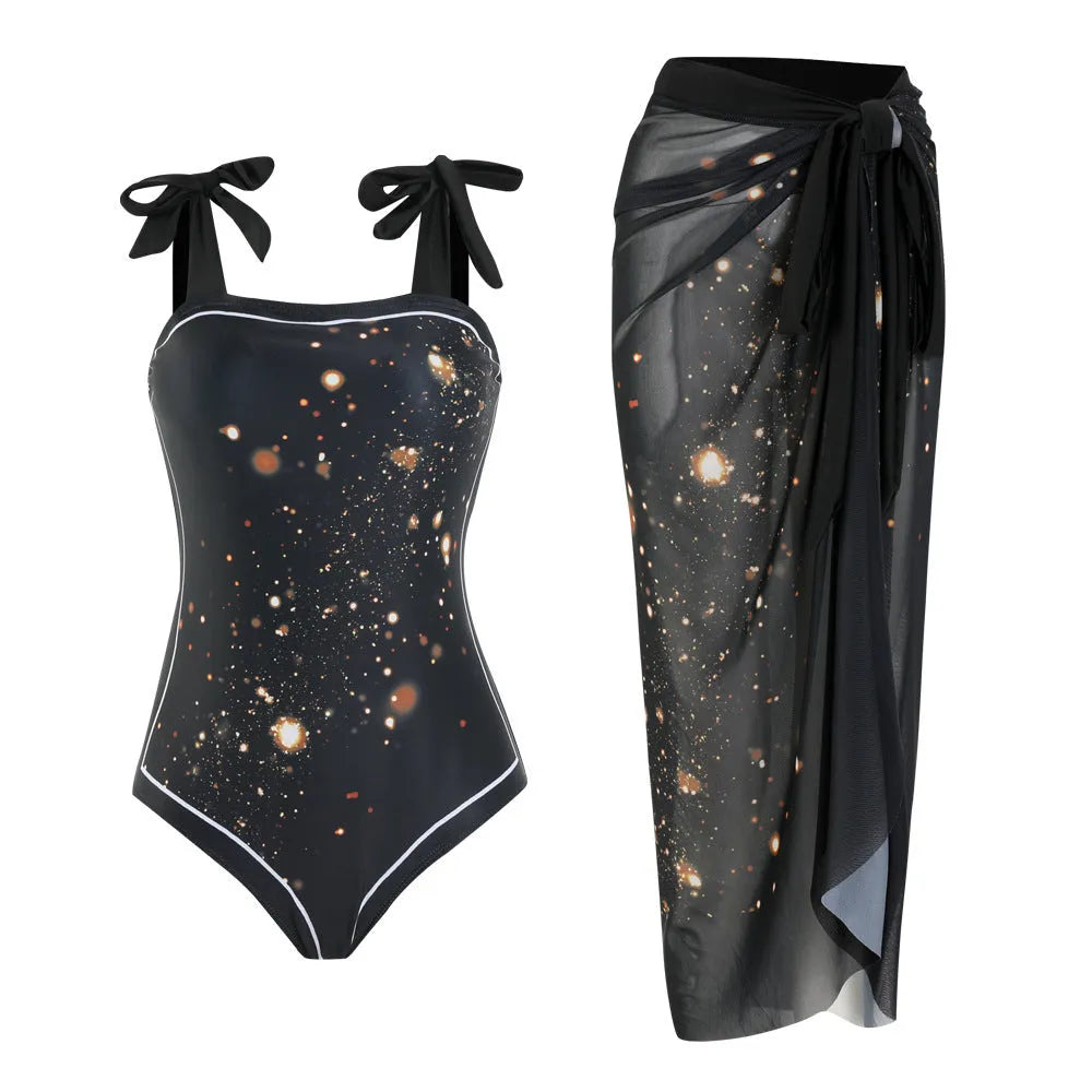 Floral pattern mesh tube top conservative bikini swimsuit with removable skirt in polyester fabric