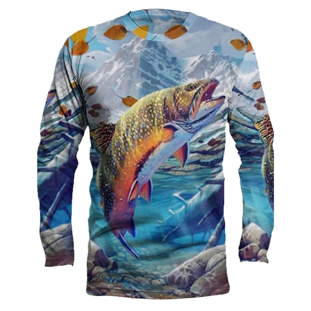 Men's long-sleeved round neck pullover with a blue and white fish print design.
