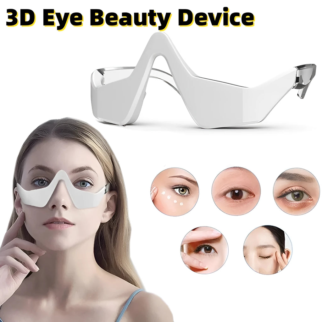 Pink and white 3D micro-current eye massager with glasses-style design on a grey background.