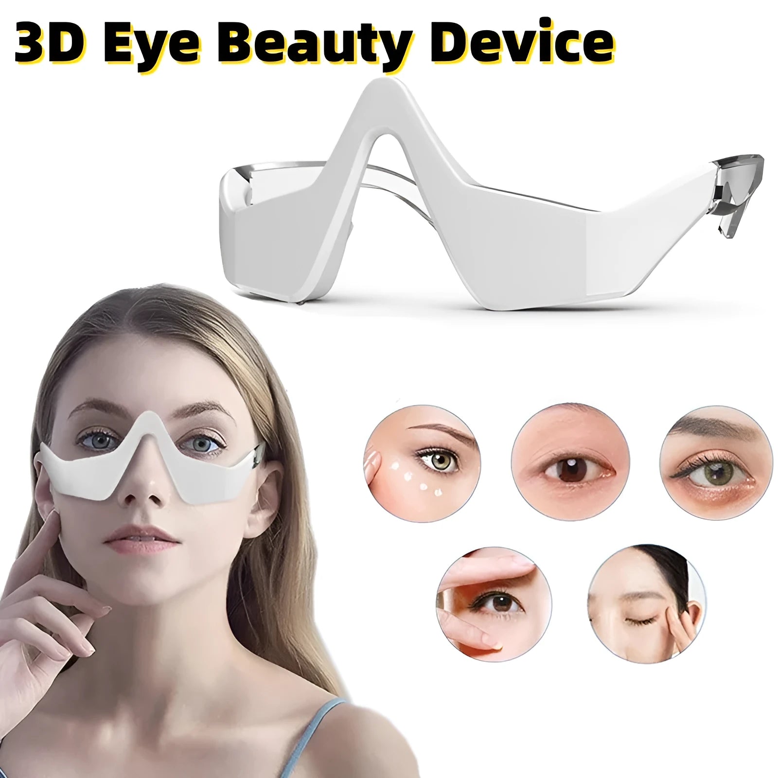 Pink and white 3D micro-current eye massager with glasses-style design on a grey background.