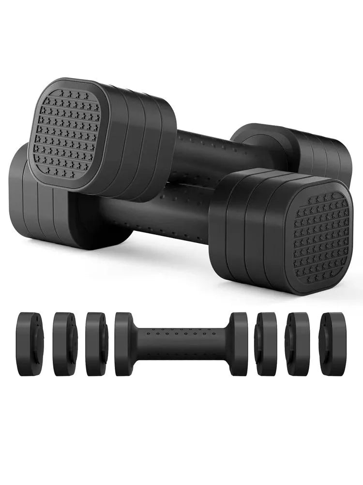 Set of pink and blue detachable 5lb dumbbells for women's fitness on a grey background.