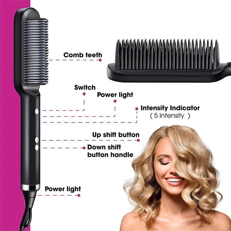 Red and black dual hair straightener and hot comb with digital display and rotating power cord.
