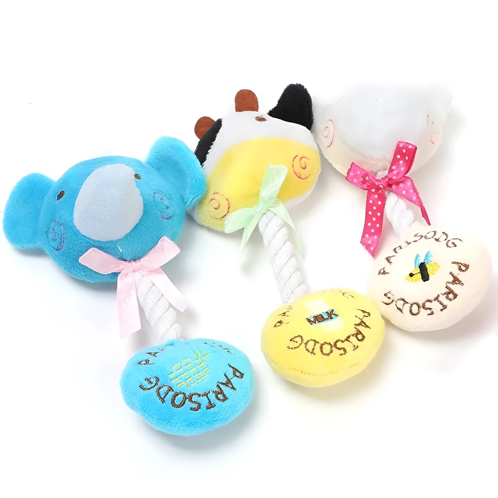 Interactive plush dog toy with sound module and cotton rope in animal designs