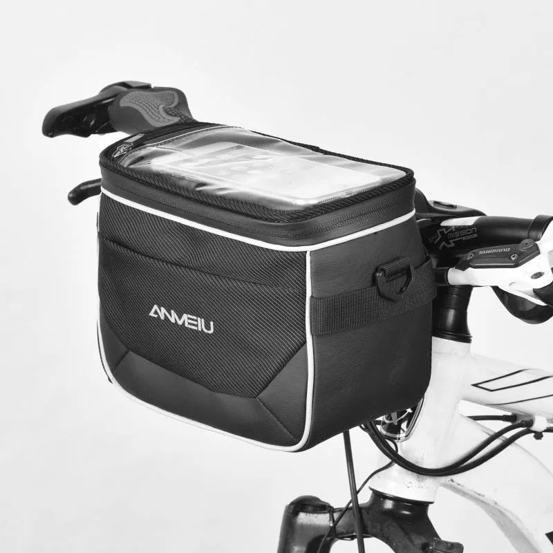 Black folding bicycle handlebar bag measuring 7 inches with hanging strap