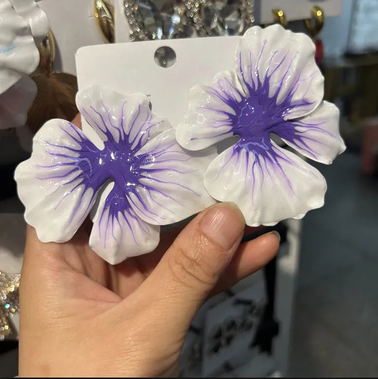 Alloy flower stud earrings with oil-spot glaze finish in pastoral European-American style