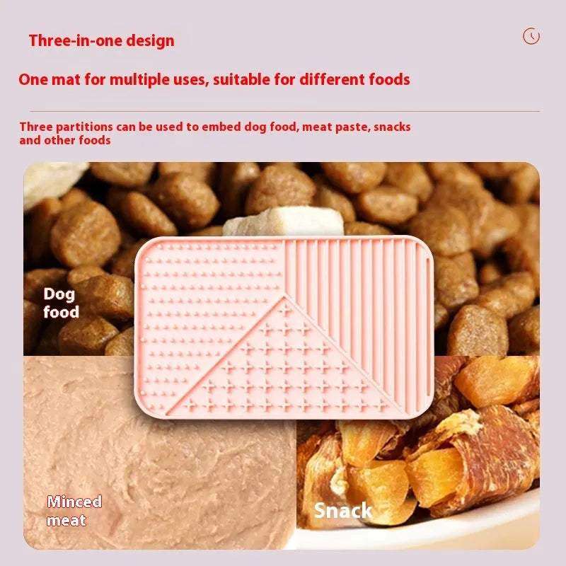 Silicone pet licking mat with textured surface and suction cup base in grey, khaki, or pink colour.