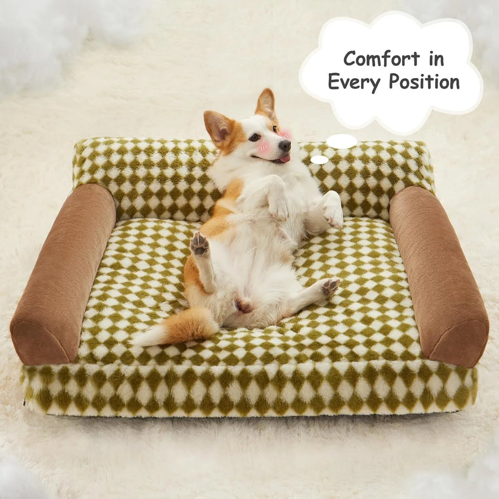 Checkered pattern pet sofa bed for cats and small dogs with a removable cover, shown in a home setting.