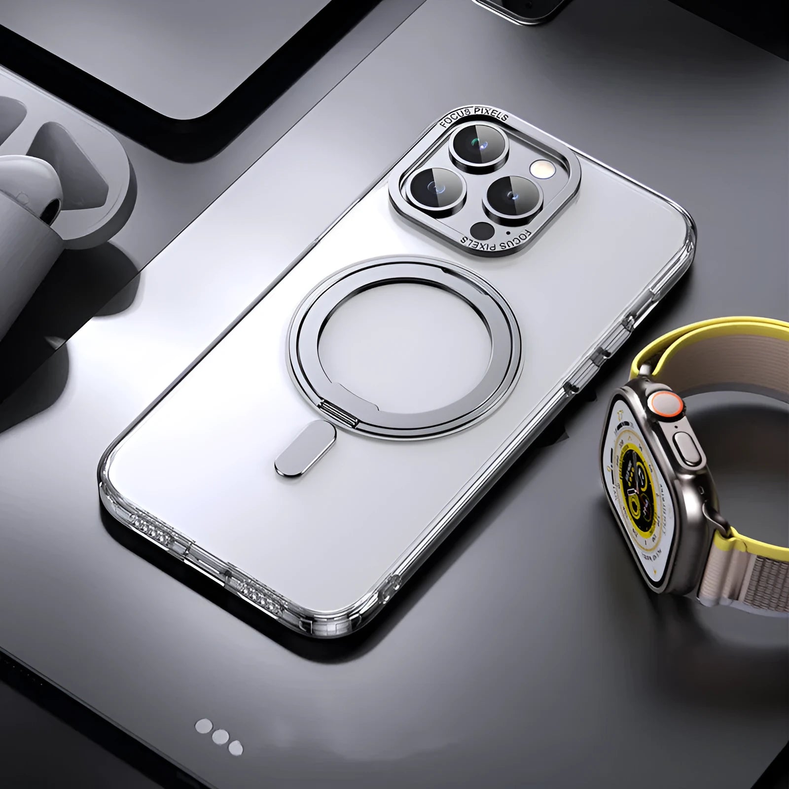 Transparent magnetic fulcrum protective case for iPhone models 11 through 15 Pro Max.