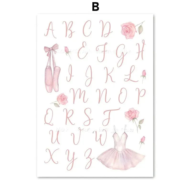 Ballet alphanumeric children's room canvas painting in frameless Nordic style, 13x18cm size