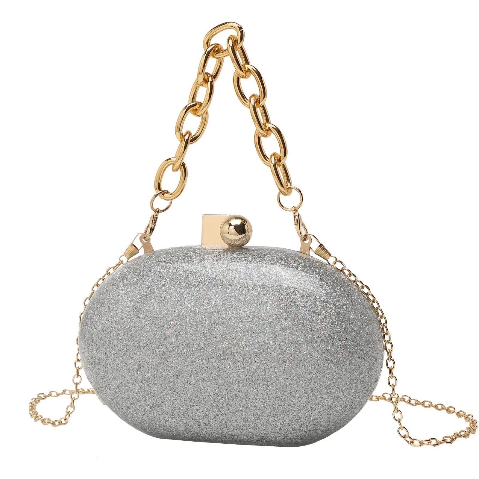 Hard acrylic oval clutch bag with chain strap in a pearlescent colour with phone and file compartments visible.