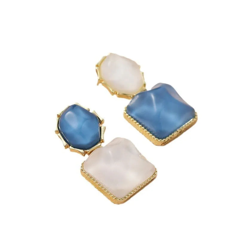 Contrast colour water ripple geometric square earrings in electroplated alloy, Korean style for women