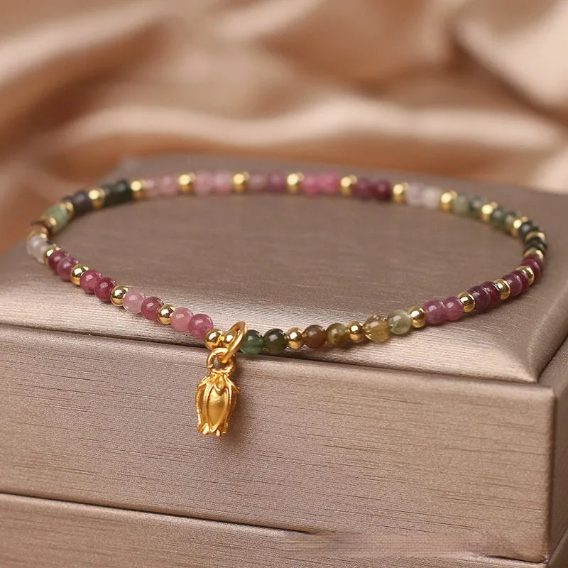 Natural tourmaline floral beaded anklet for women with adjustable chain and colourful gemstones