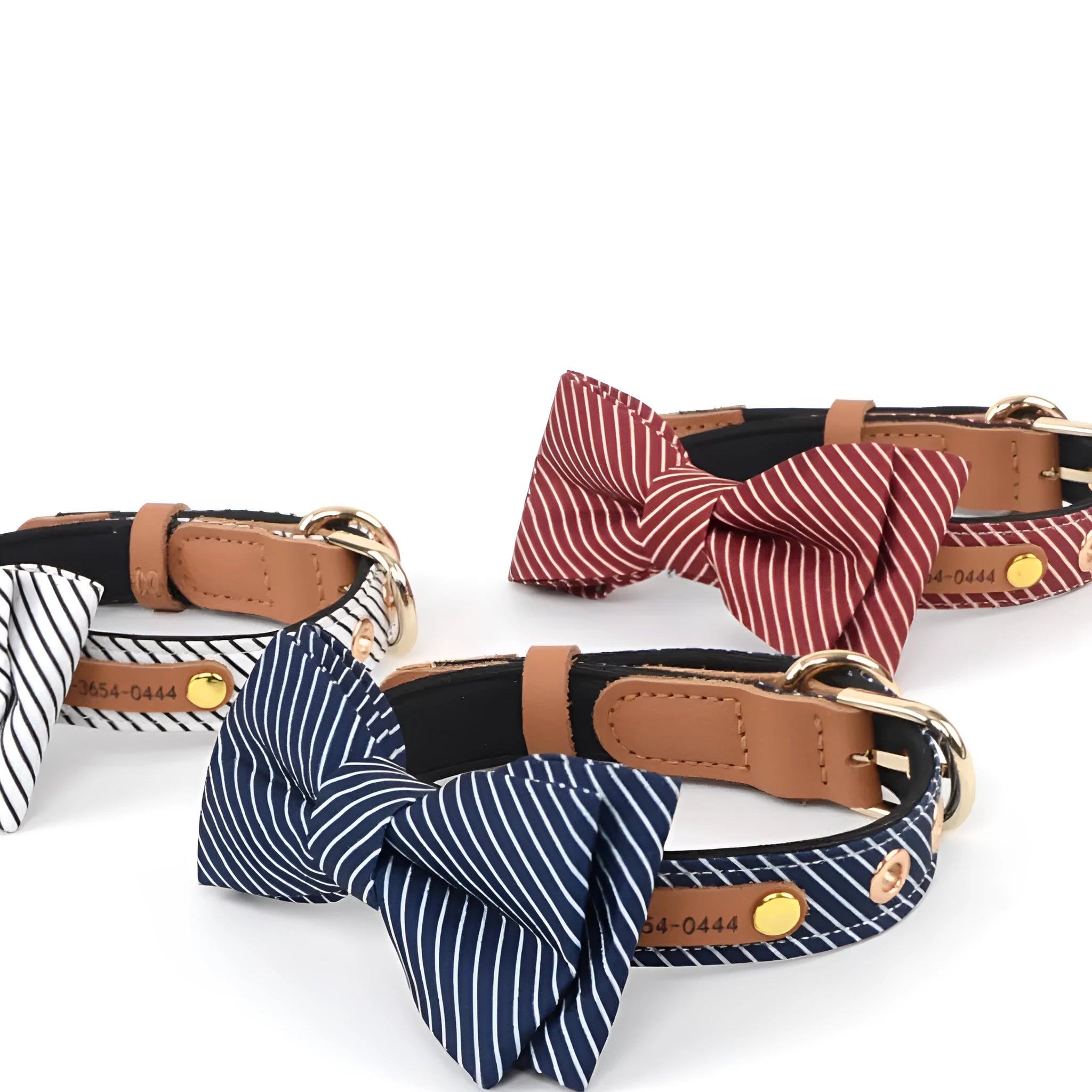 Simple cotton dog collar with detachable bow in dark blue, shown with leather lettering option.