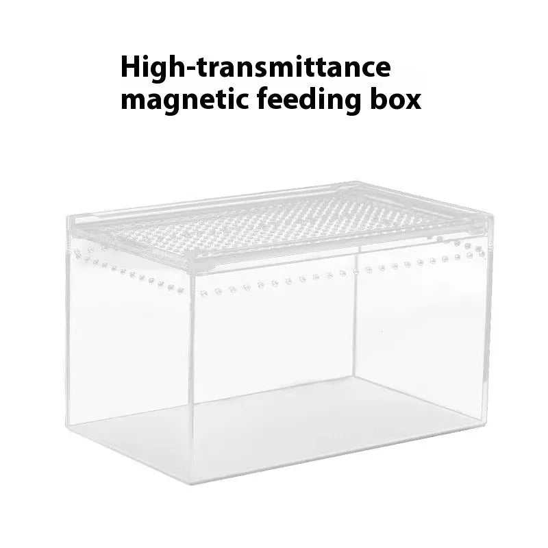 Transparent acrylic reptile feeding box showing PC construction and size options