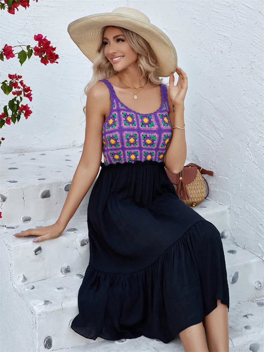 Purple sleeveless dress with hand hook flower stitching floral pattern, cotton blend fabric with polyester lining