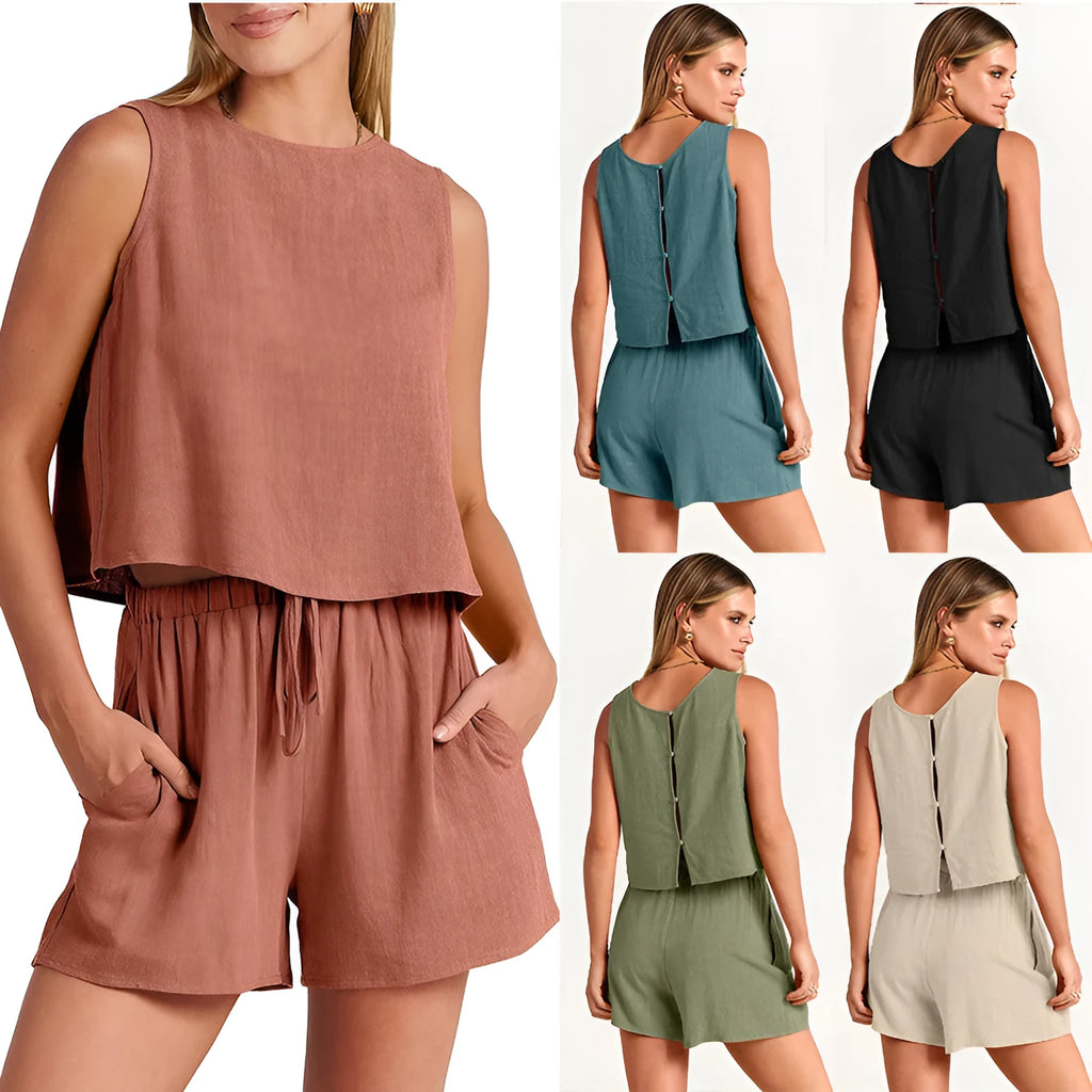 Women's summer sleeveless top and drawstring shorts 2-piece set in rayon-linen blend