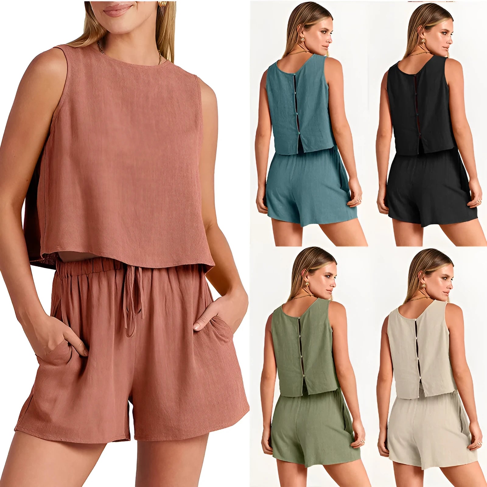 Women's summer sleeveless top and drawstring shorts 2-piece set in rayon-linen blend