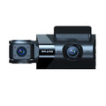 Black car dash camera with 5-inch touchscreen mounted on vehicle windscreen bracket