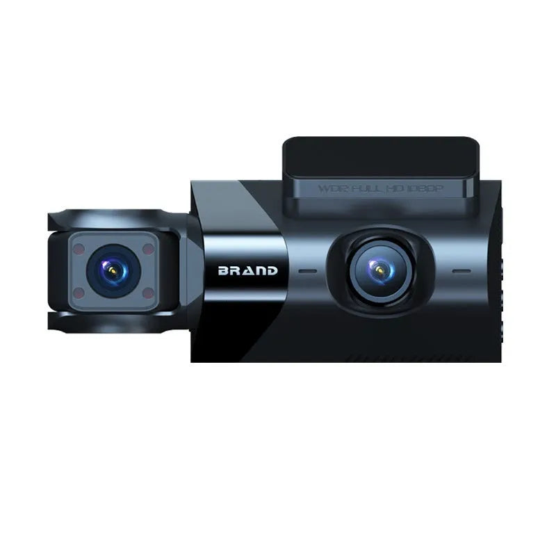 Black car dash camera with 5-inch touchscreen mounted on vehicle windscreen bracket