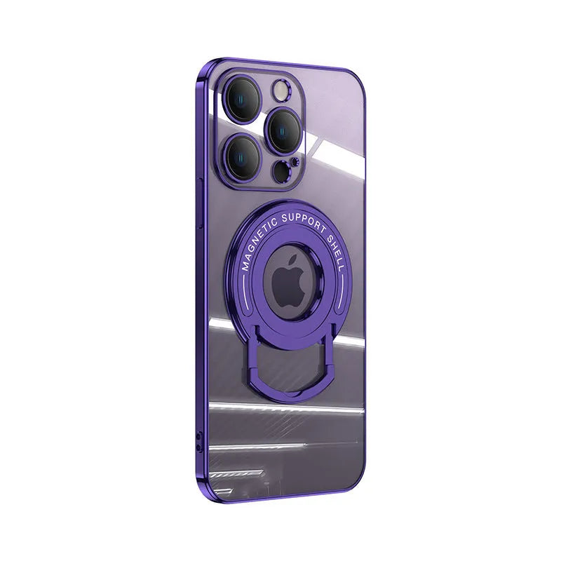 Transparent magnetic iPhone case with invisible pull-out stand in dark purple colour
