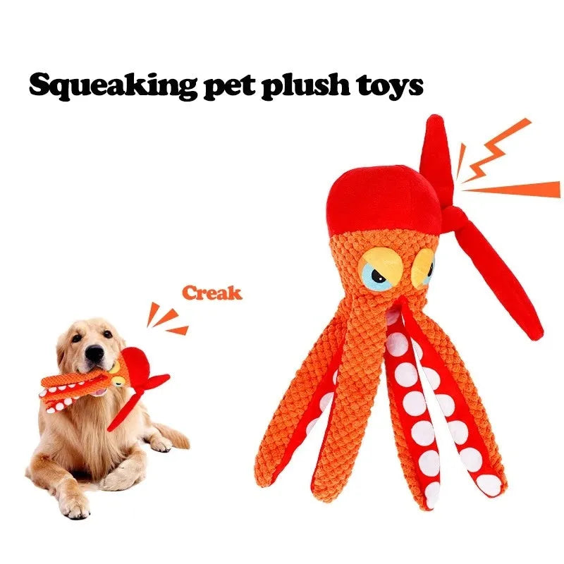 Orange octopus plush dog toy with squeaker measuring 24cm length for interactive play
