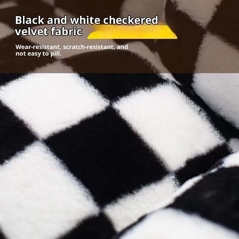 Black and white plaid plush kennel bed for cats and dogs, extra large size 90x55x26cm