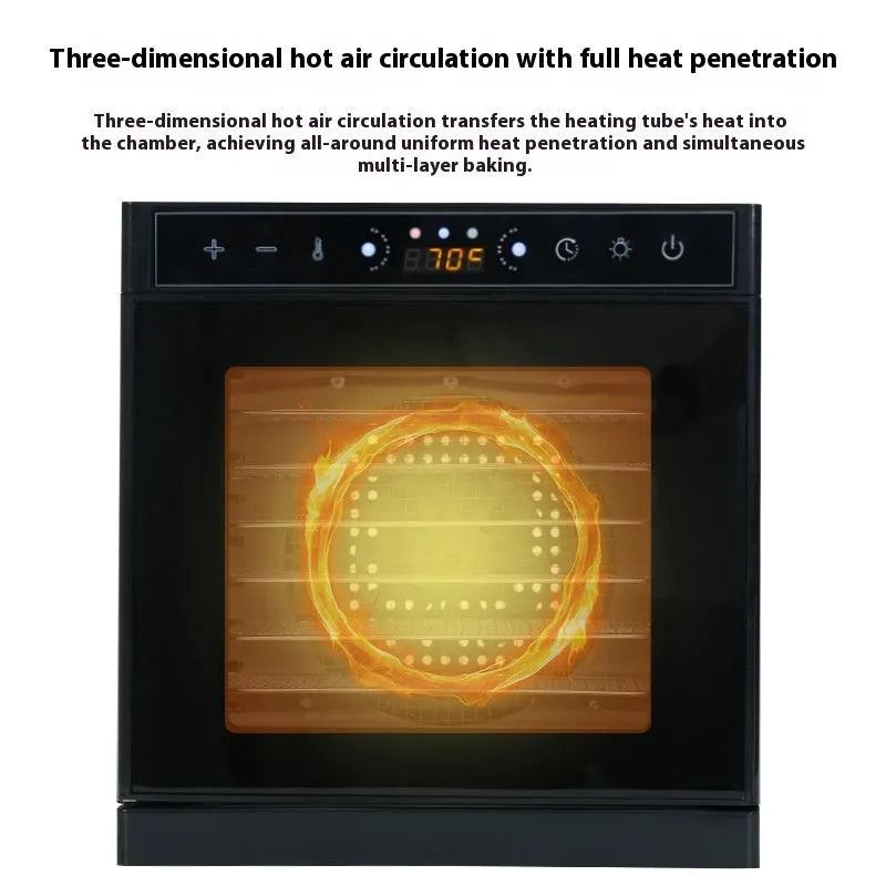 Stainless steel fruit dehydrator with visual skylight on top, showing multiple drying trays inside.