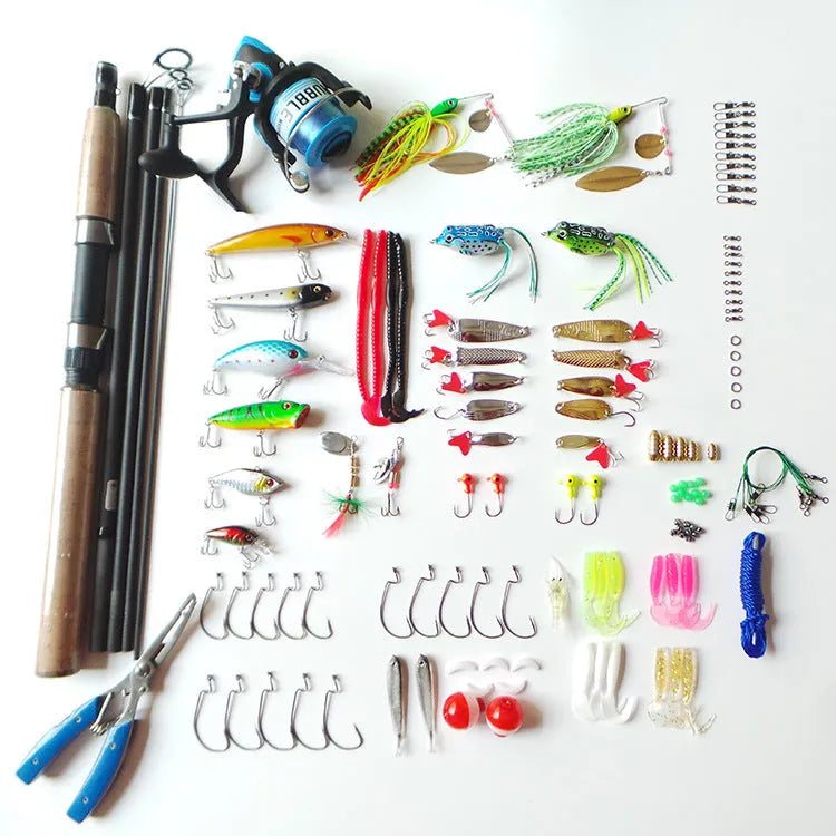 Portable lure rod fishing lure box set in picture colour with rod, reel, baits, hooks, and pliers inside a 46x19x8cm case