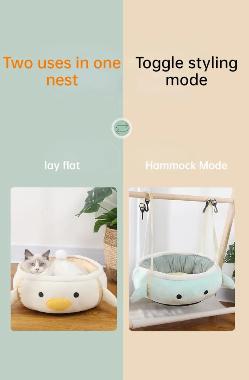 Green dinosaur and chick shaped cat bed shown both flat and hanging as a hammock.
