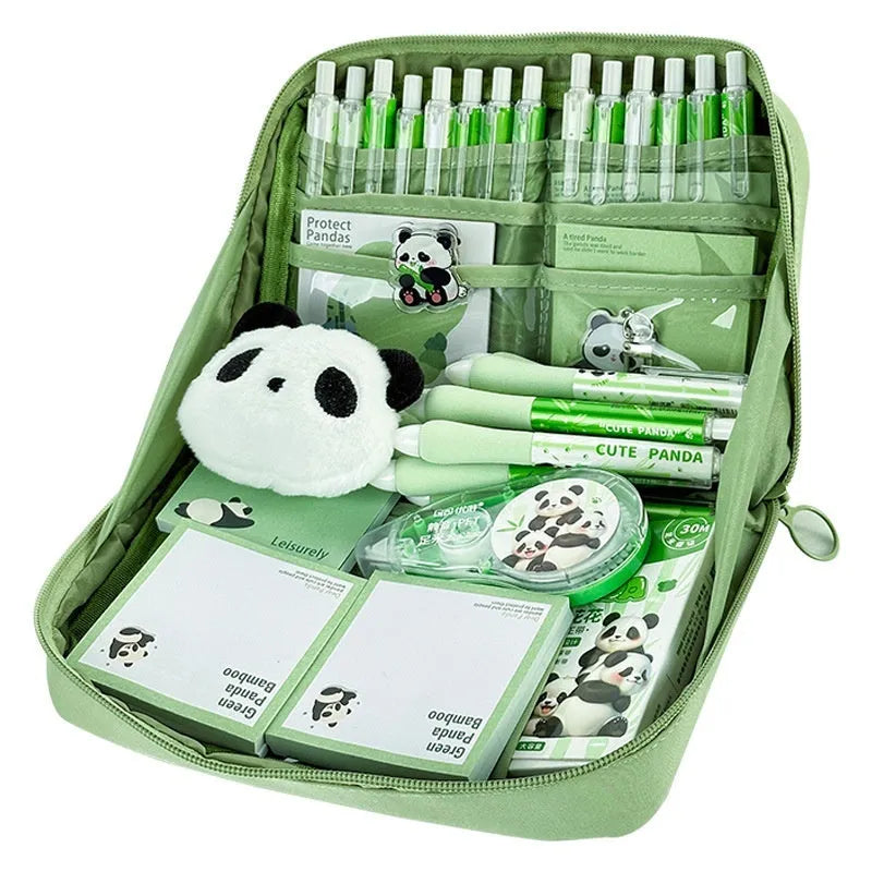 Green panda-themed pencil case with twelve compartments for stationery organisation