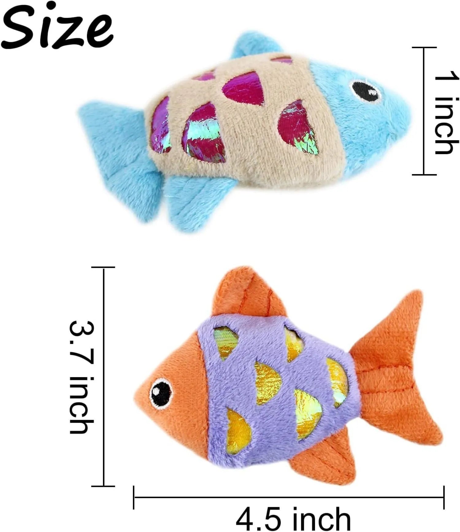 Two small fish-shaped cat toys with plush exterior in assorted colours