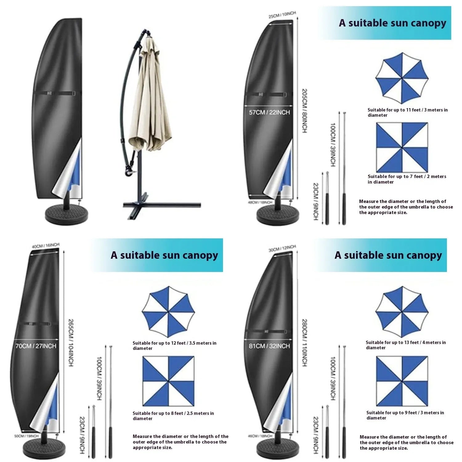 Grey waterproof Oxford cloth cover for a banana-shaped outdoor patio umbrella.