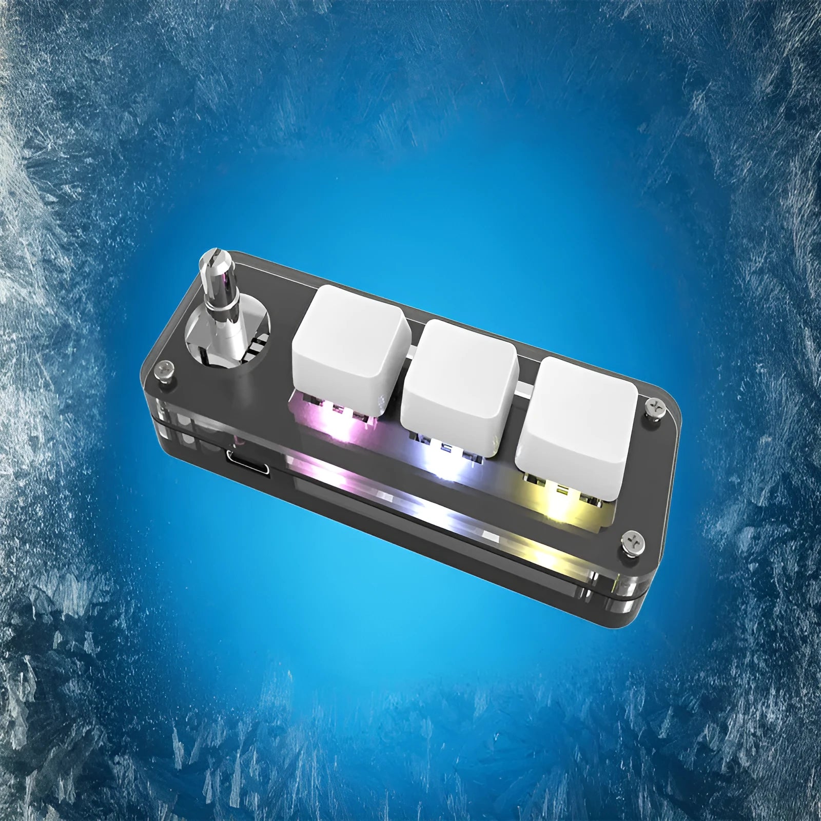 Black mechanical mini keyboard with RGB backlit copy and paste keys measuring 15cm wide