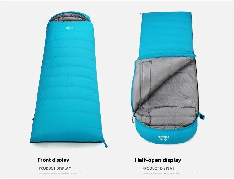 Black outdoor sleeping bag with white goose down fill and envelope construction.