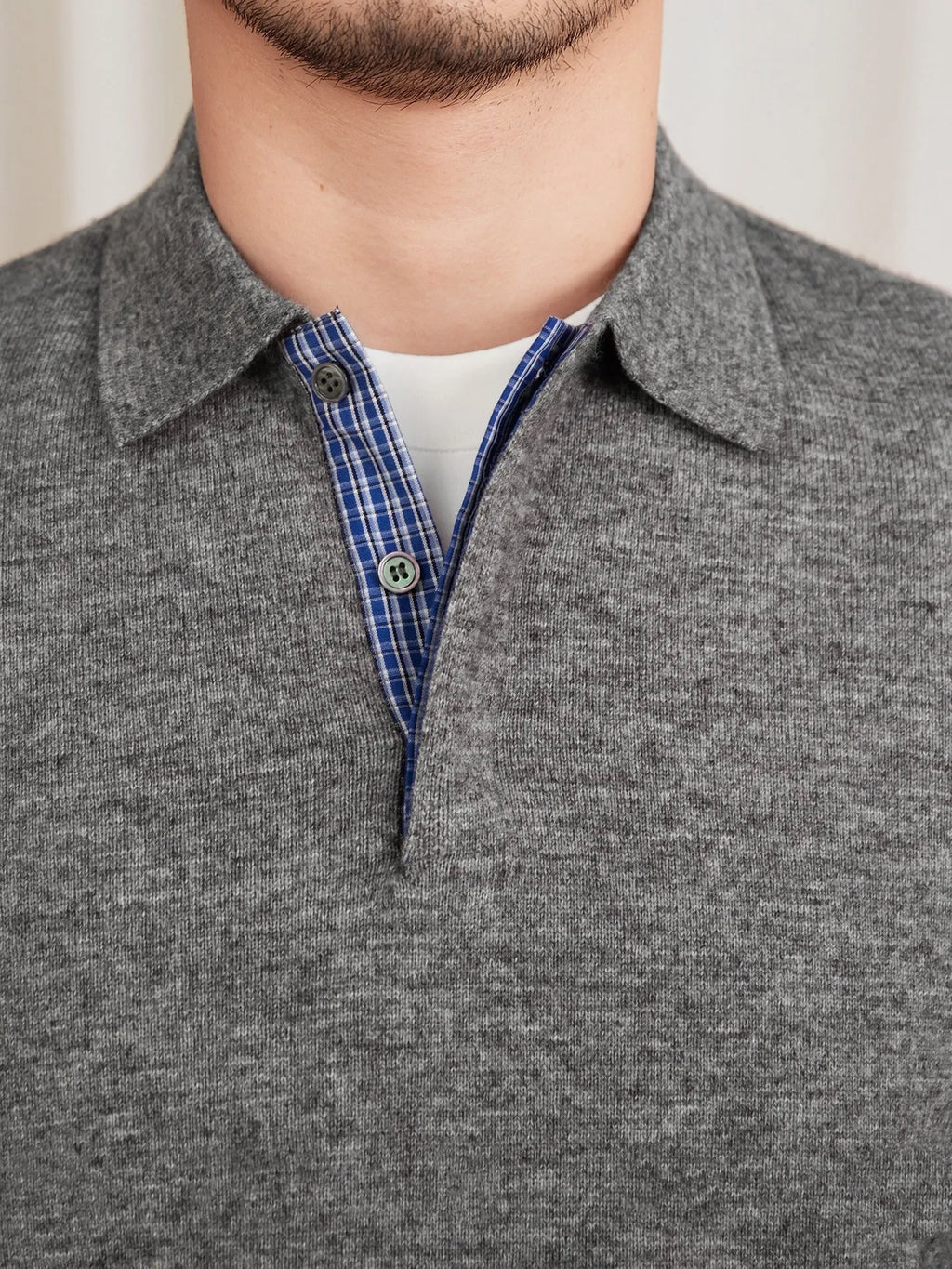 Slim-fit lapel polo shirt in dark blue, wool knitted long sleeve pullover with button placket