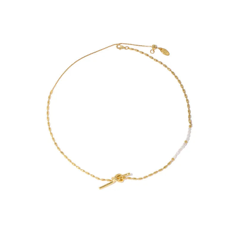 Gold real pearl necklace with copper pendant, bends and hitches design, adjustable 21-50cm chain