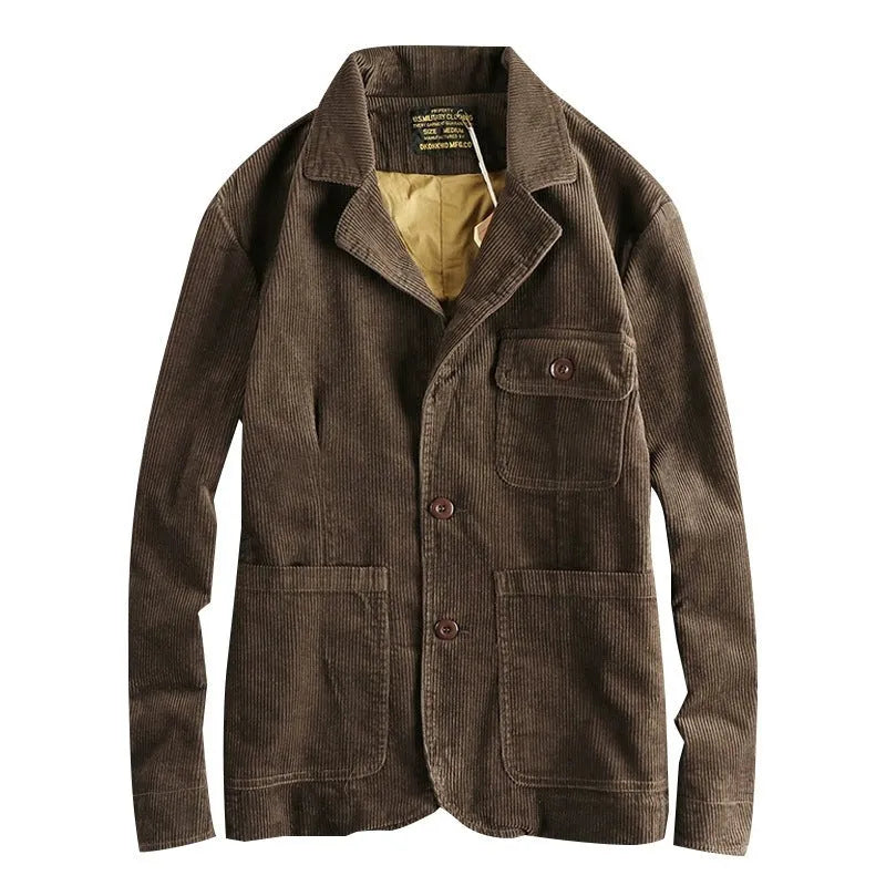 Heavy amekaji retro washed pure cotton corduroy casual jacket for men in brown