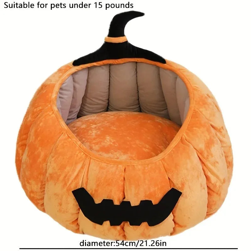 Halloween themed pumpkin cartoon devil design soft plush cat bed for cats and small dogs in black colour.