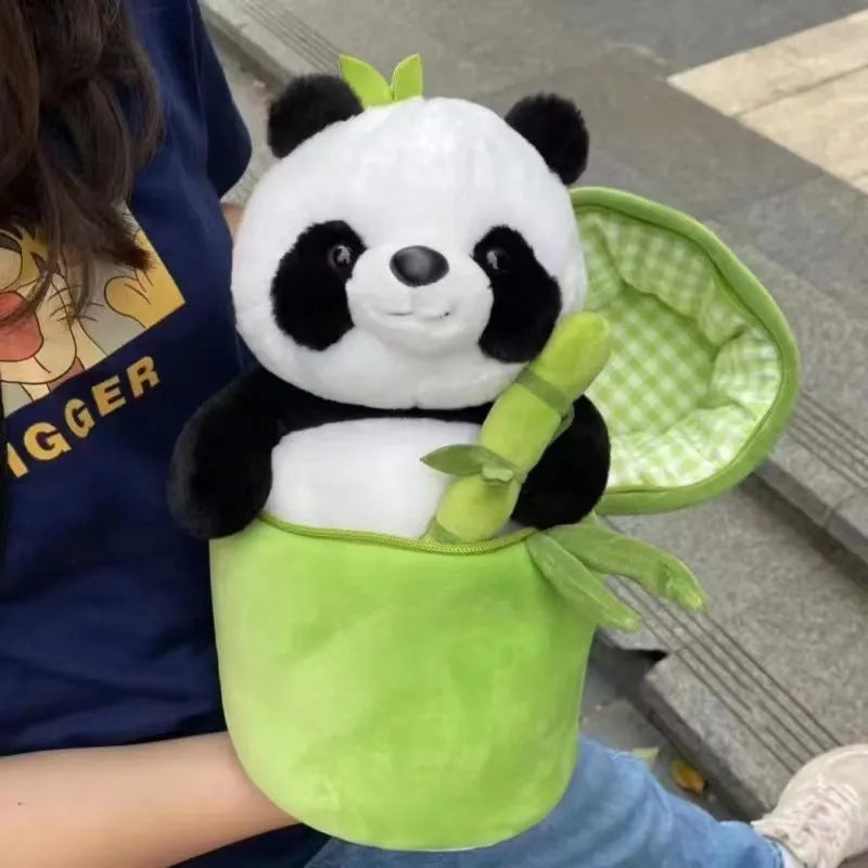 Simulated bamboo tube panda plush doll with PP cotton filling in 25cm height