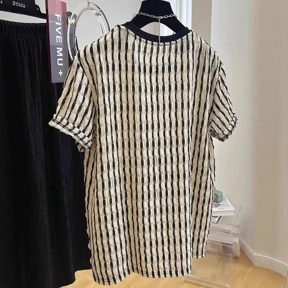 Men's black striped linen short sleeve shirt in loose pullover style