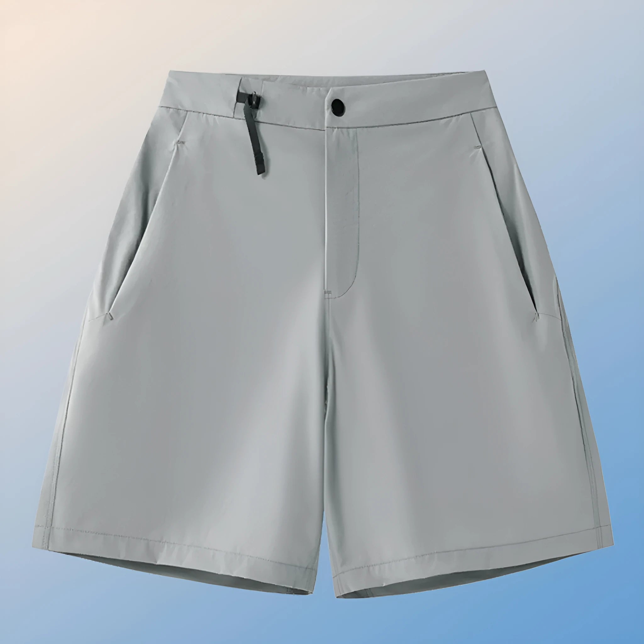 Man wearing khaki 3D cut athletic shorts with four-way stretch, suitable for running or climbing.