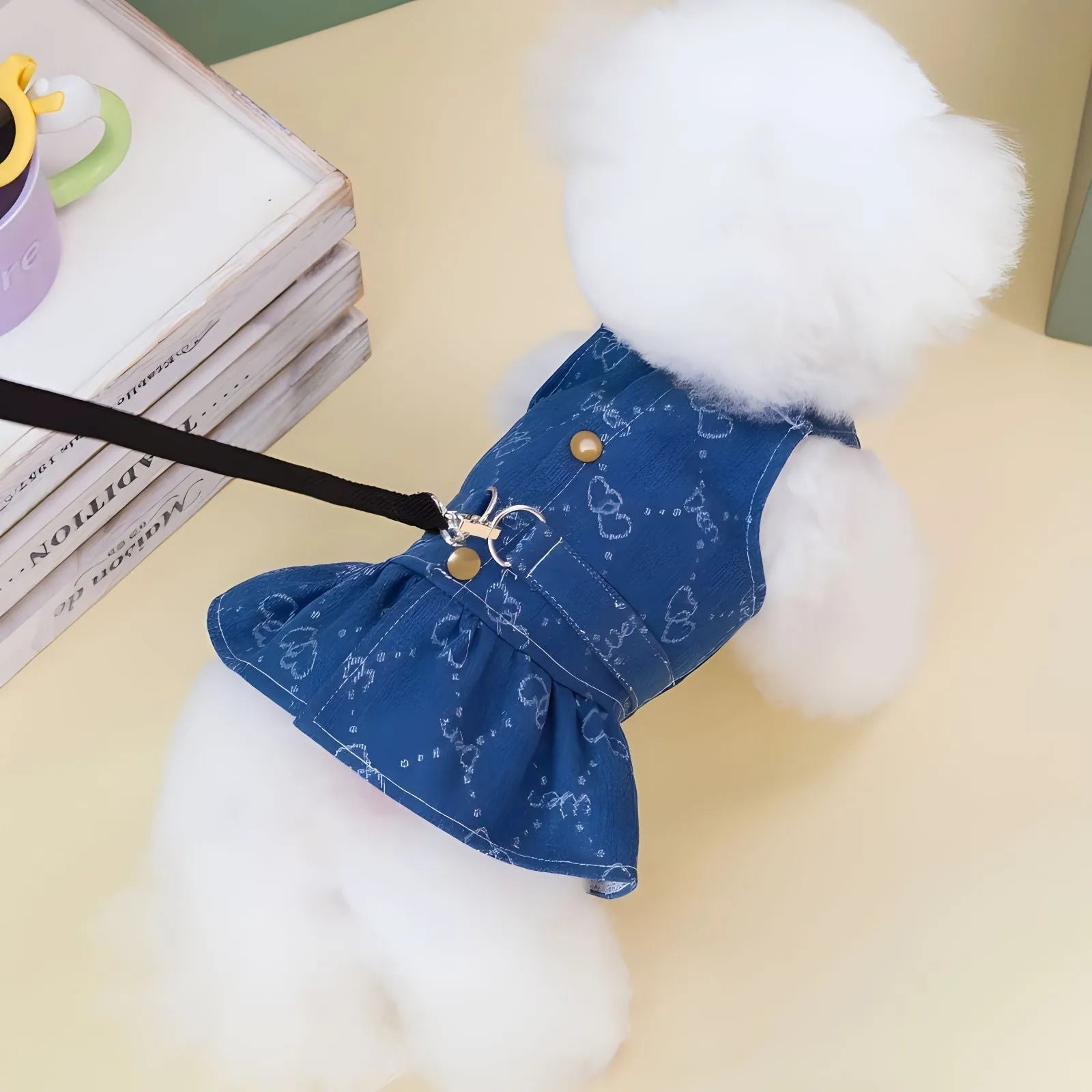 Denim princess dress for small dog showing bracket skirt style in blue denim fabric