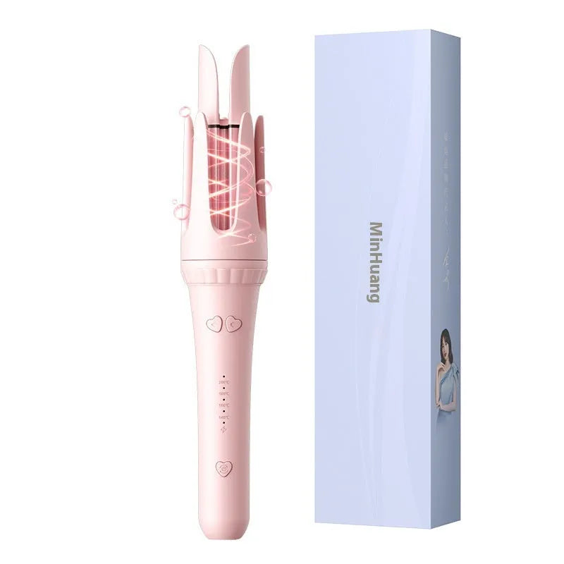 Light purple automatic hair curler with 32mm anion barrel, three clips, and a comb on a white background.