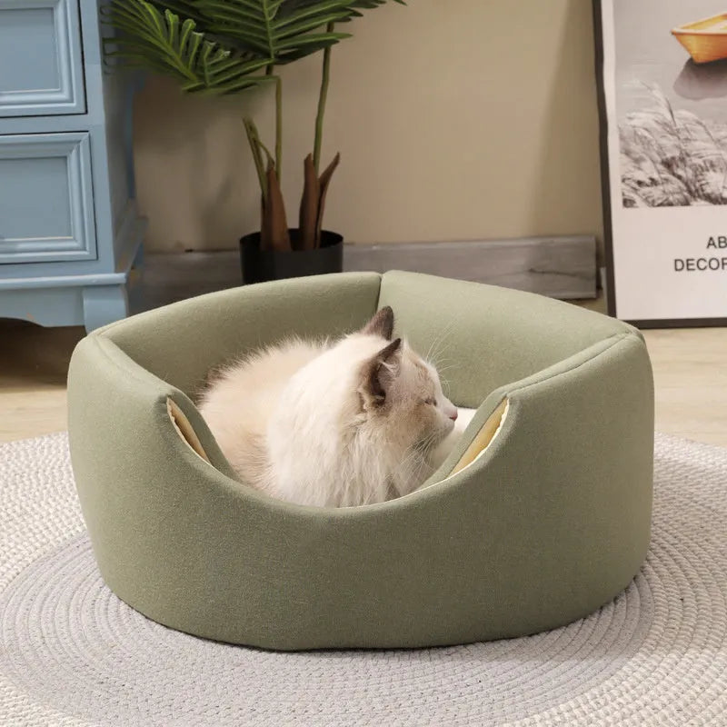 Tree hole warm kennel for small dogs and cats, grey fabric enclosed bed with entrance hole, 45x33x37 cm