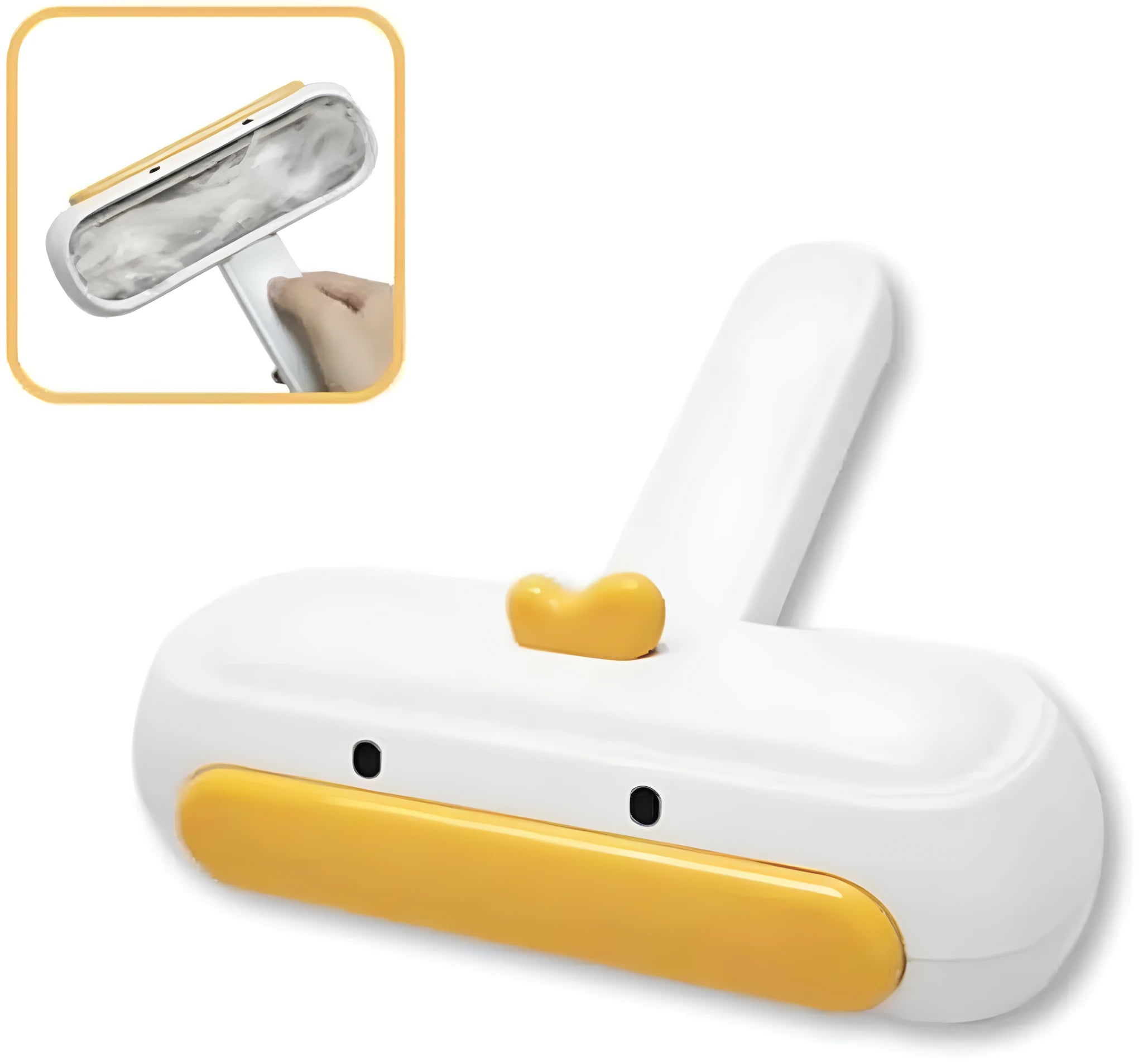 Portable pet hair remover with yellow duck design and removable lid on a fabric sofa.