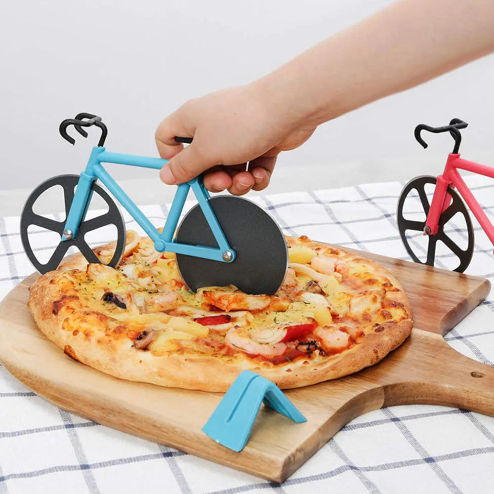 Bicycle shaped pizza cutter with stainless steel blade and ABS handle on white background