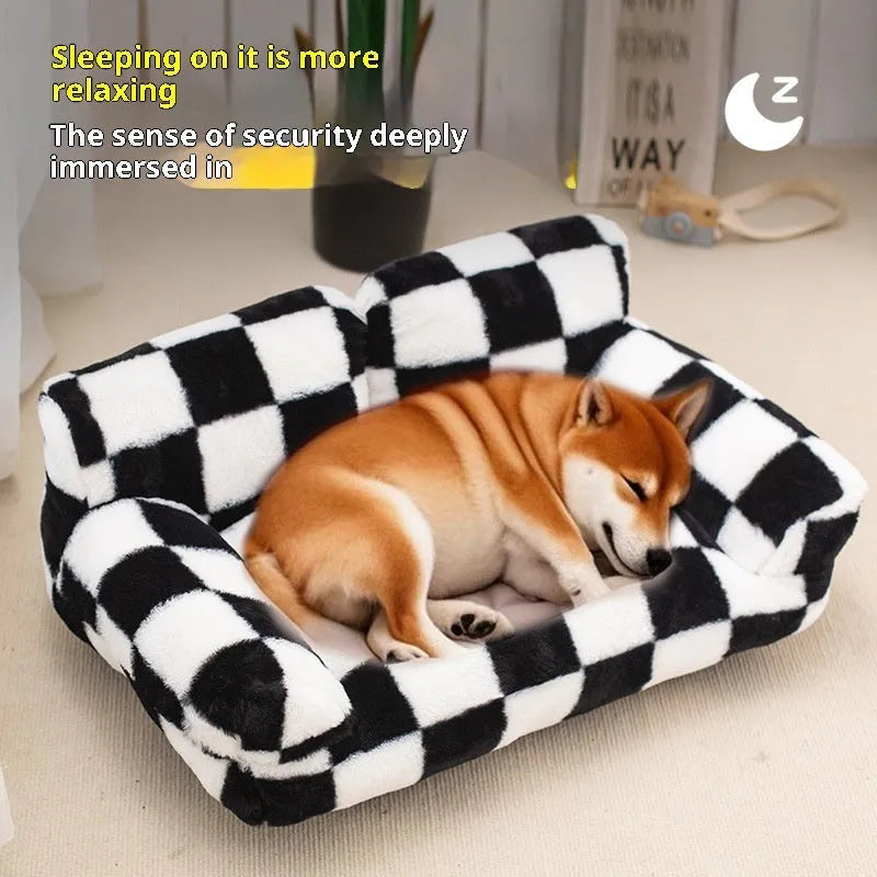 Black and white plaid plush kennel bed for cats and dogs, extra large size 90x55x26cm