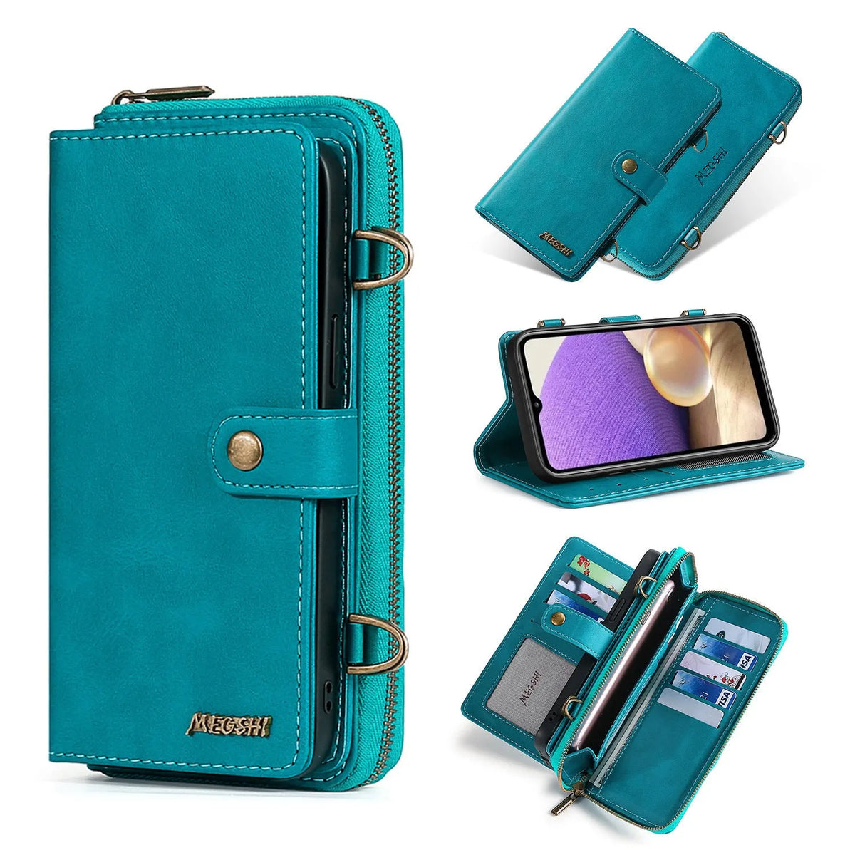 Multifunctional wallet phone case with diagonal card slots for iPhone and Samsung models in pure colour machined finish